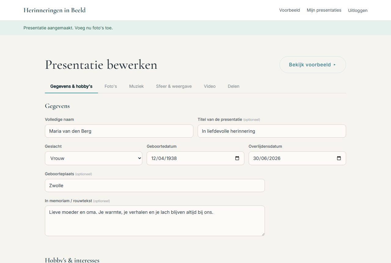 Bewerkscherm met tabbladen
